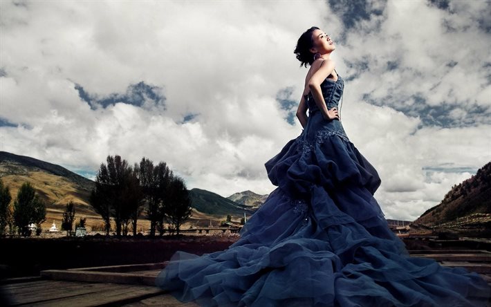 landscape, girl, blue dress, beautiful girls