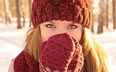 chapeau, les yeux, les gants, le froid, la jeune fille, hiver
