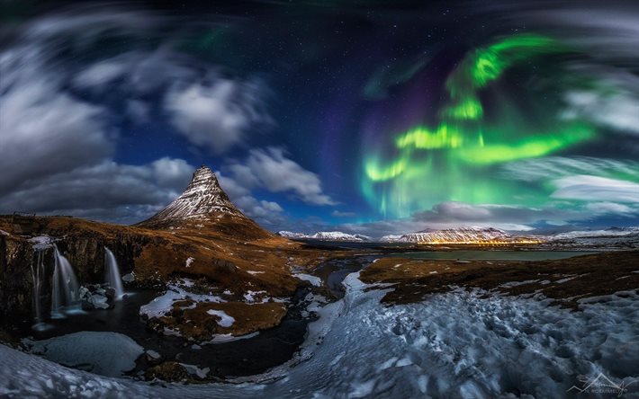 kirkjufell, nature, mountain, lights, the snæfellsnes peninsula, iceland