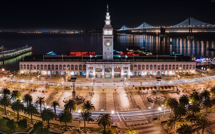 조명, ferry building, 밤, 샌프란시스코, 야자수, 캘리포니아, 미국, 관광