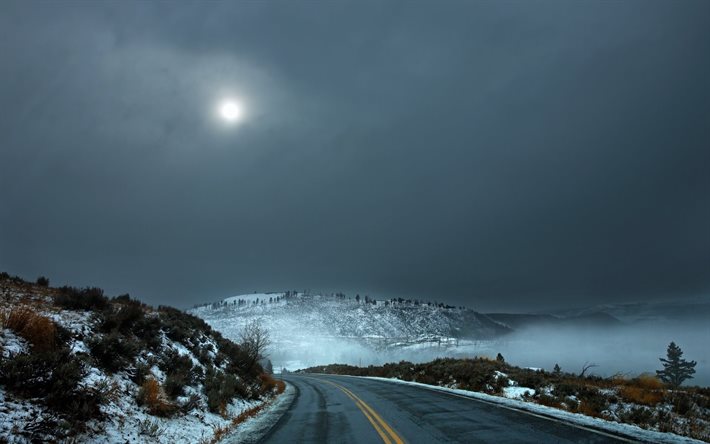la luna, la naturaleza, la luz, la luz de la luna, la carretera, la nieve