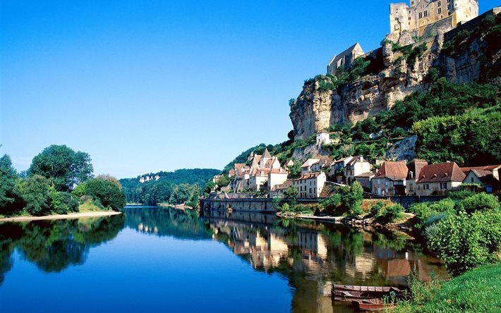 building, mountain, water, castle, france, the pond, hq wallpapers