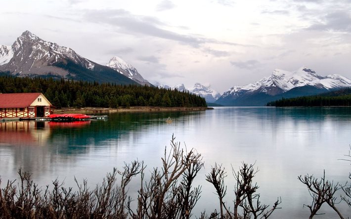 dağlar, doğa, göl, kar, ev, Kanada