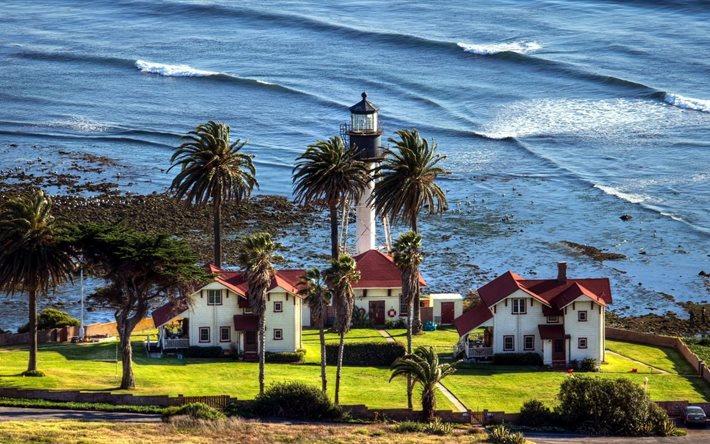 the ocean, palm trees, landscapes, buildings lighthouse, ocean, lighthouse, sea waves, surf