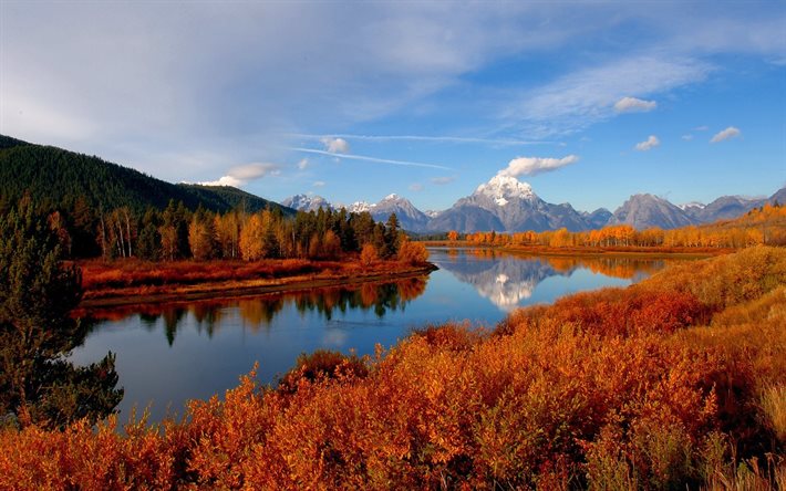 a lagoa, paisagem, montanhas, outono, natureza, beleza