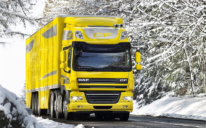 truck, yellow, track, winter, daf, road