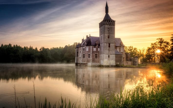 horst château, le ciel, le lac, le château, le brouillard, belgique