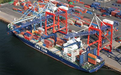 container, doc, sjötransport, fraktfartyg, fartygsbåt, tankfartyg, cma cgm, lastning