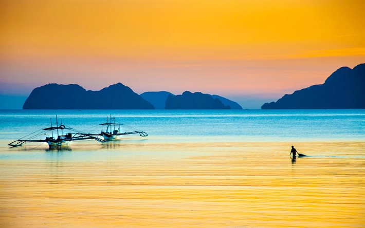 el nido, island, filipinas, la isla, puesta de sol, pescador
