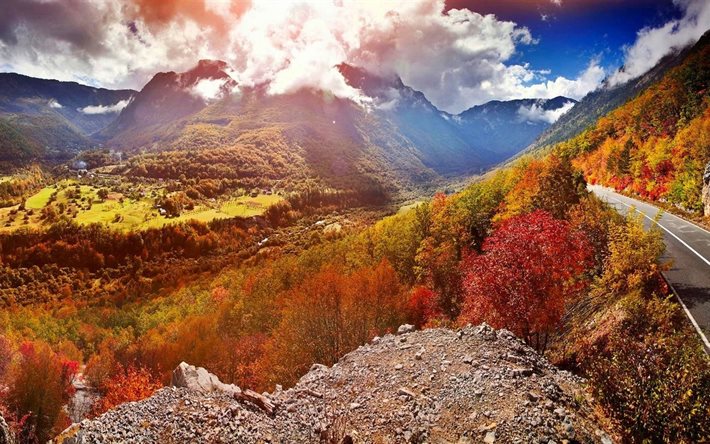 paesaggio, valle, strada, montagna, natura, nuvole, foresta, autunno, montenegro