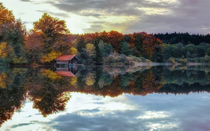 sunset, water, fall, forest, calm, lake, nature, reflection, trees, autumn, clouds, the lake, landscape