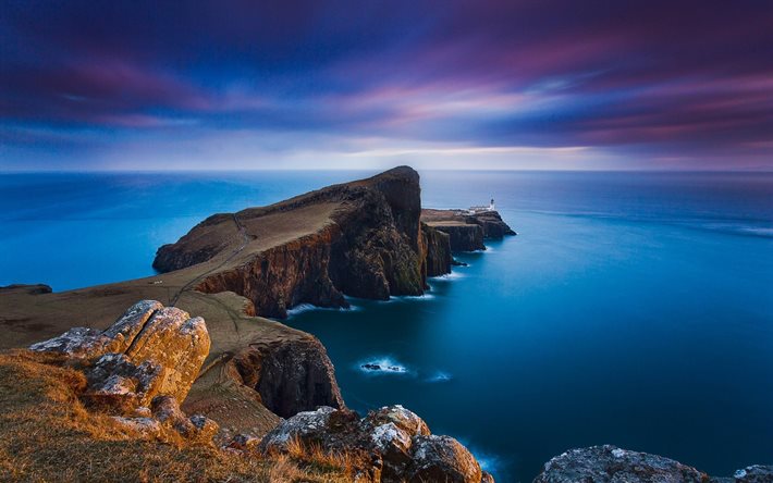 landscape, nature, lighthouse, sunset sea, cliff, clouds, rock, new zealand, coast