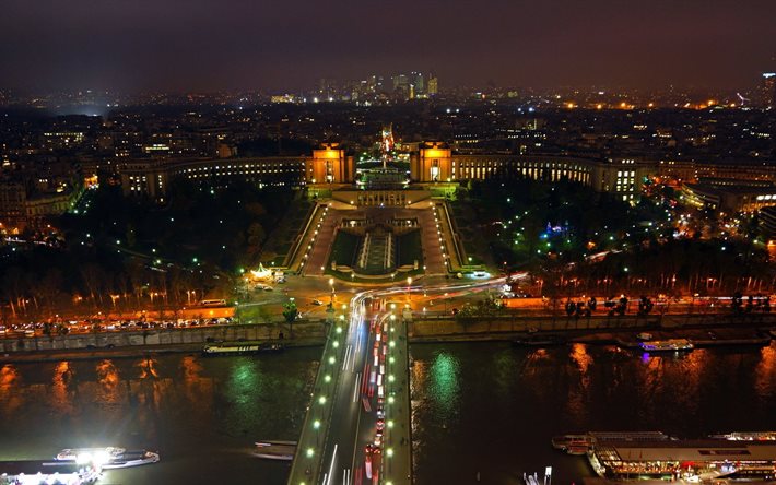 panorama, ovanifrån, ljus, natt, staden, paris, frankrike