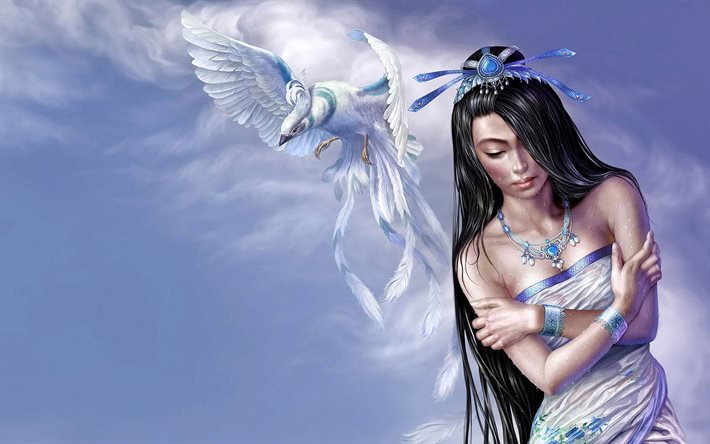 girl, fantasy, bird, blue background
