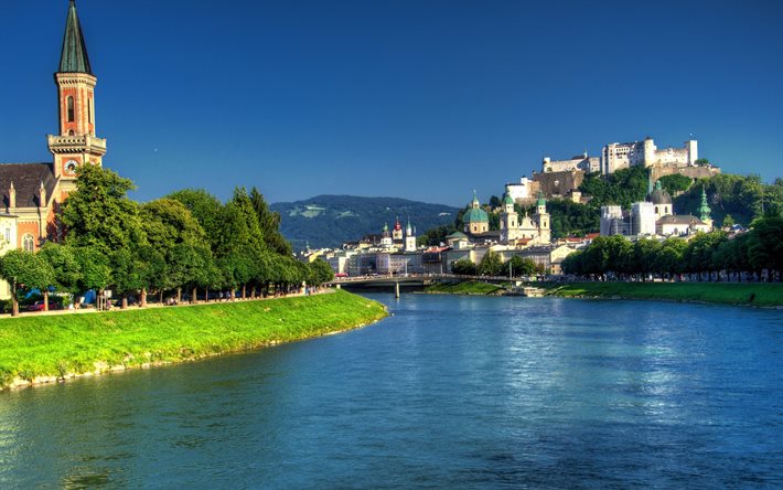 트, 도시, castle, the salzach river, 잘츠부르크, 오스트리아
