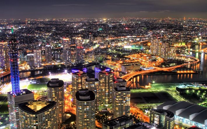 a cidade, vista, luzes, noite, yokohama, japão