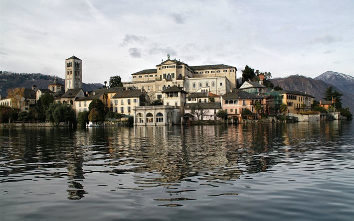 lago, città, palazzo, lago d'orta, isola di san giulio, italia