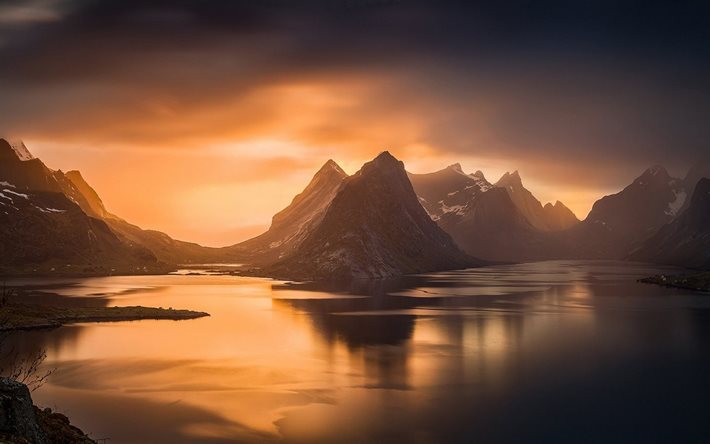 le brouillard, le soleil, le ciel, la norvège, la montagne, les îles, les montagnes, coucher de soleil, ciel, fjord, paysage, mer, nature, coucher du soleil, le fjord, la brume, le paysage, la nature, la lumière du soleil