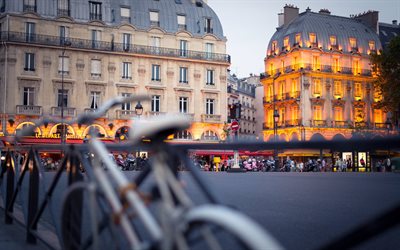 vägskylt, byggnad, bakgrundsbelysning, paris, staden, cykel, frankrike