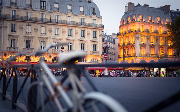 road sign, building, backlight, paris, the city, bike, france