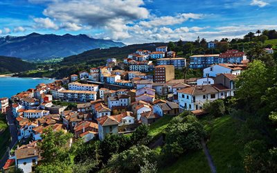 asturias, meer, provinz, der gemeinde, colunga, bäume, spanien, dach, haus, hügel