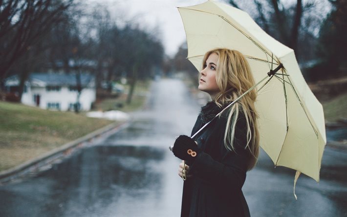 blondin, kvinnor, paraply, kvinna, regnet, regn, gata, blöt