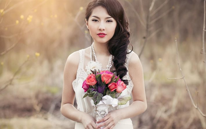 jeune mariée, jeune fille, asiatiques, bouquet, la robe, la mariée