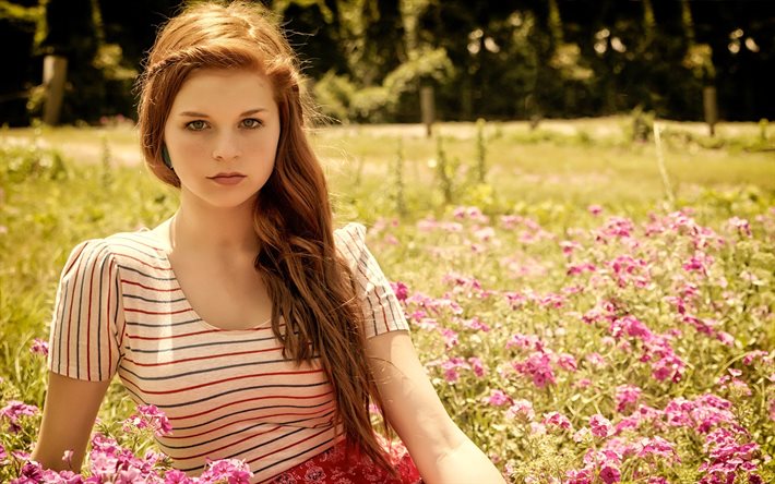 karoline kate, model, field, blue eyes, redhead, flowers, summer