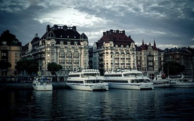 river, ship, pier, yachts, stockholm, sweden, the city