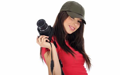 fille, la caméra, casquette de baseball, une fille, caméra