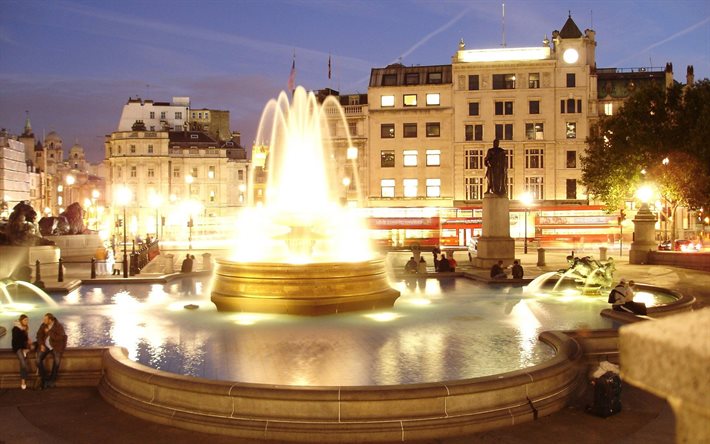 the city, trafalgar square, night, fountain, london, area, uk