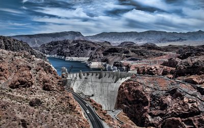 mountains, dam, water, hoover dam, road, nevada, usa