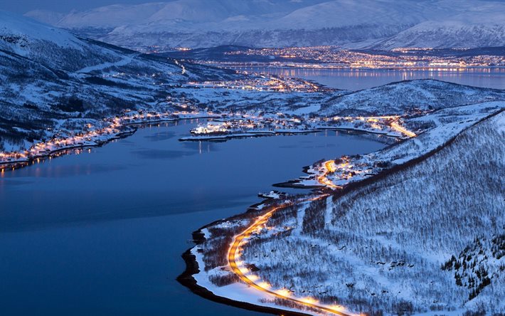 la baie, la neige, l'hiver, les lumières, tromso, en norvège