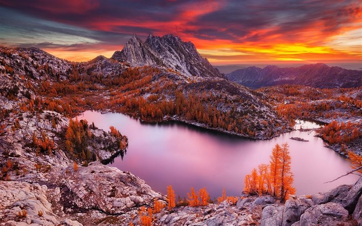 sunset, nature, mountains, landscape, lake, the lake, mountain, fall, forest, water, autumn