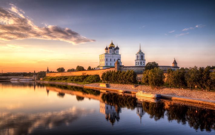architektur, pskow, stadt, landschaft, fluss, den kreml, russland