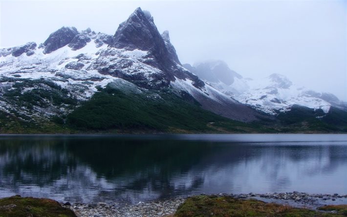 the lake, winter, mountains, lake, mountain, chile, island, mist, snow peak, water, landscape, forest, snowy peak, nature