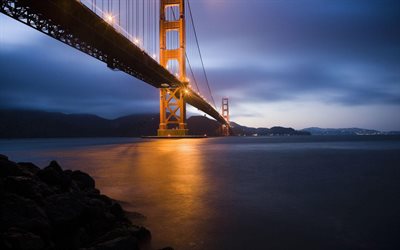 この橋, ゴールデンゲート, 水, 灯り, サンフランシスコ, ｃａ, カリフォルニア, 米国