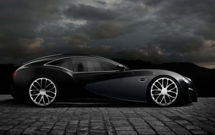 2016 buggatti, super carro, preto, perfil