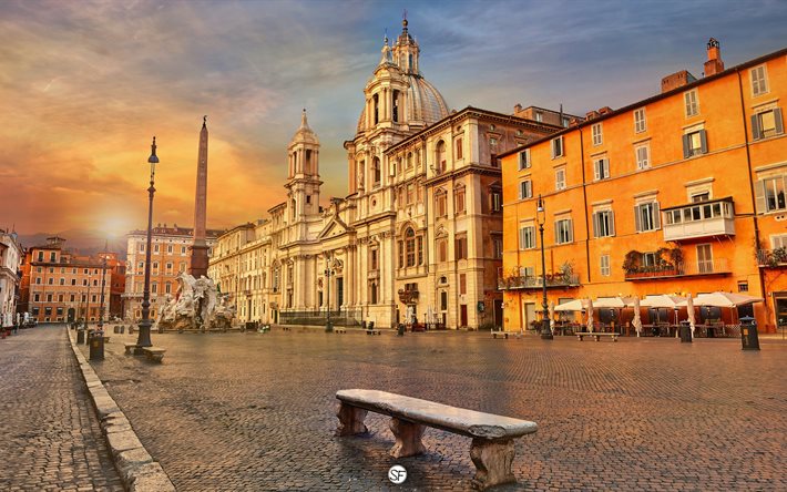 piazza navona, arkitektur, rom, solnedgång, italien, staden