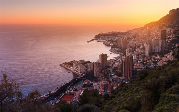 المناظر الطبيعية, موناكو, ناطحات السحاب, مونتي, المباني, المدينة, كارلو, غروب الشمس, البحر