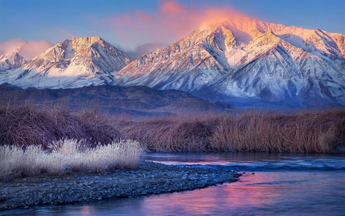 frost, grass, snow, winter, top, mountains, river