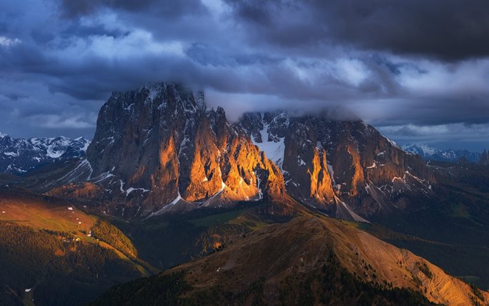 mountain, snowy peak, nature, clouds, landscape, sunset, snow peak, forest, mountains, alps, italy