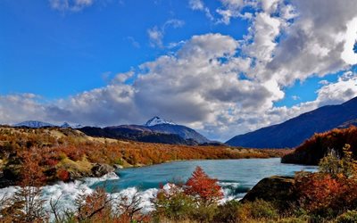 morning, fall, chile, clouds, snowy peak, mountain, snow peak, trees, river, nature, landscape, autumn
