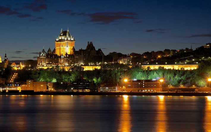 quebec, canada, night, chateau frontenac, château frontenac, lights