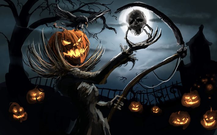 halloween, natt, spöke, skalle