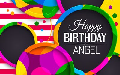 Angel Happy Birthday, 4k, abstract 3D art, Angel name, pink lines, Angel Birthday, 3D balloons, popular american female names, Happy Birthday Angel, picture with Angel name, Angel