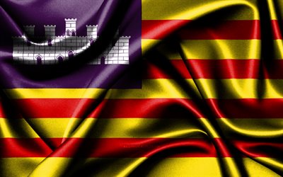 Balearic Islands flag, 4K, spanish provinces, fabric flags, Day of Balearic Islands, flag of Balearic Islands, wavy silk flags, Spain, Provinces of Spain, Balearic Islands