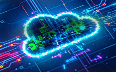 4k, cloud computing, nuvola di luce al neon blu, reti cloud, servizi cloud, sfondo tecnologia blu, sfondo nuvola blu, reti, archiviazione cloud