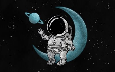 चंद्रमा पर अंतरिक्ष यात्री, 4k, रचनात्मक, खगोल, कार्टून अंतरिक्ष यात्री, आकाशगंगा, नासा, ग्रहों, सितारे, अंतरिक्ष यात्री