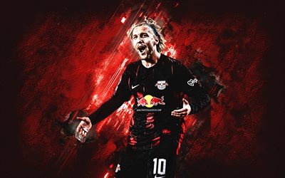 emil forsberg, rb leipzig, retrato, jugador de fútbol sueco, centrocampista ofensivo, fondo de piedra roja, bundesliga, fútbol, ​​alemania